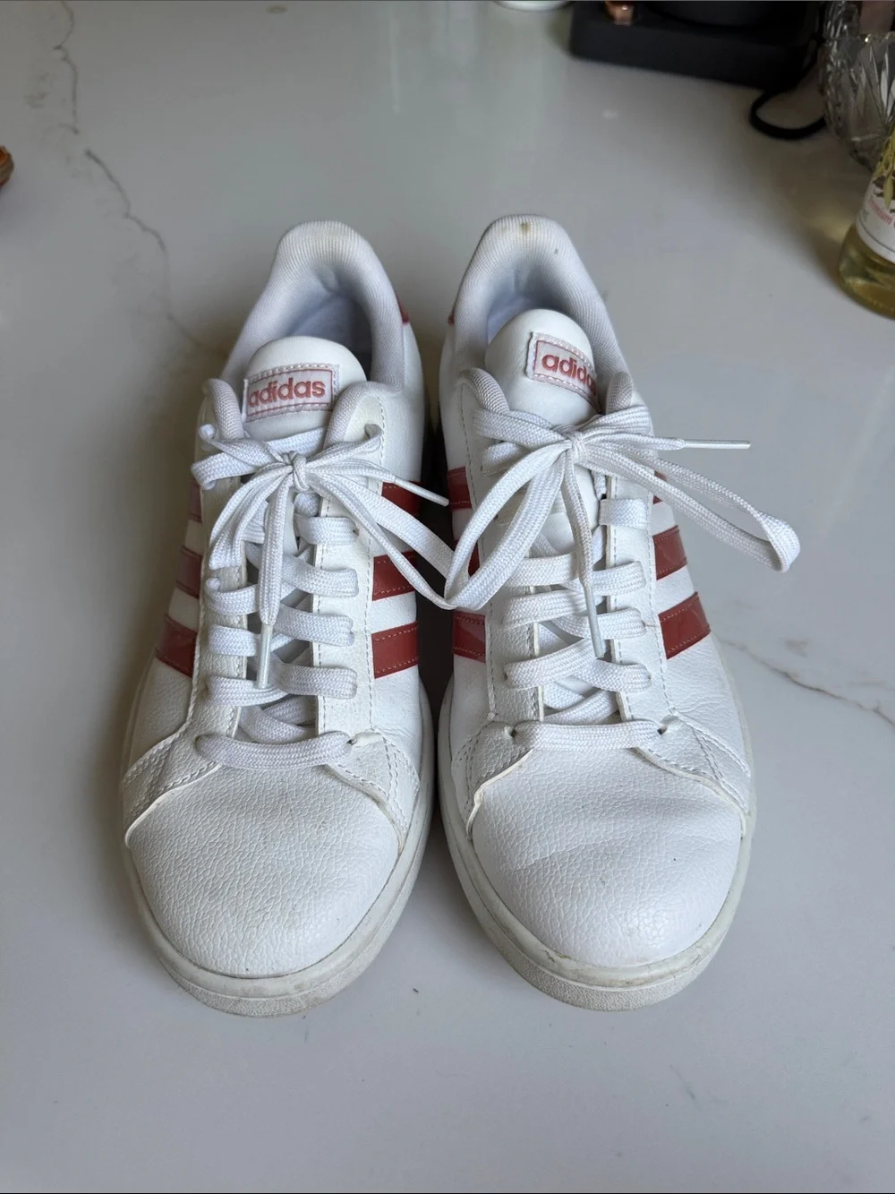 adidas White Sneakers with Red Stripes